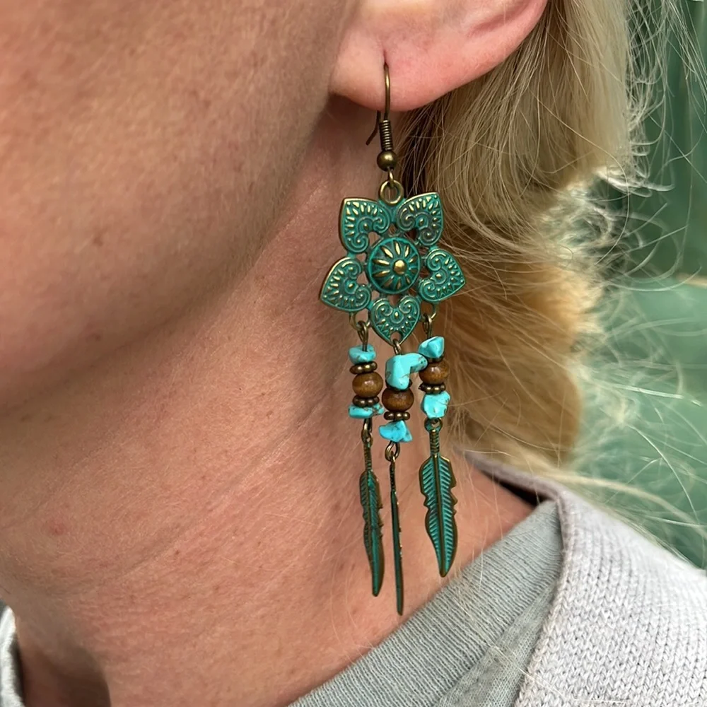 Boho Gypsy Stamped Metal Patina Drop Earrings - Picture 4 of 13